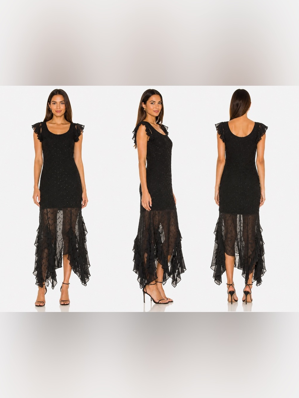 vintage barketti J.Kaur Black Ruffle Hem Evening Dress Sheer Floral Formal Gown - Picture 10 of 10